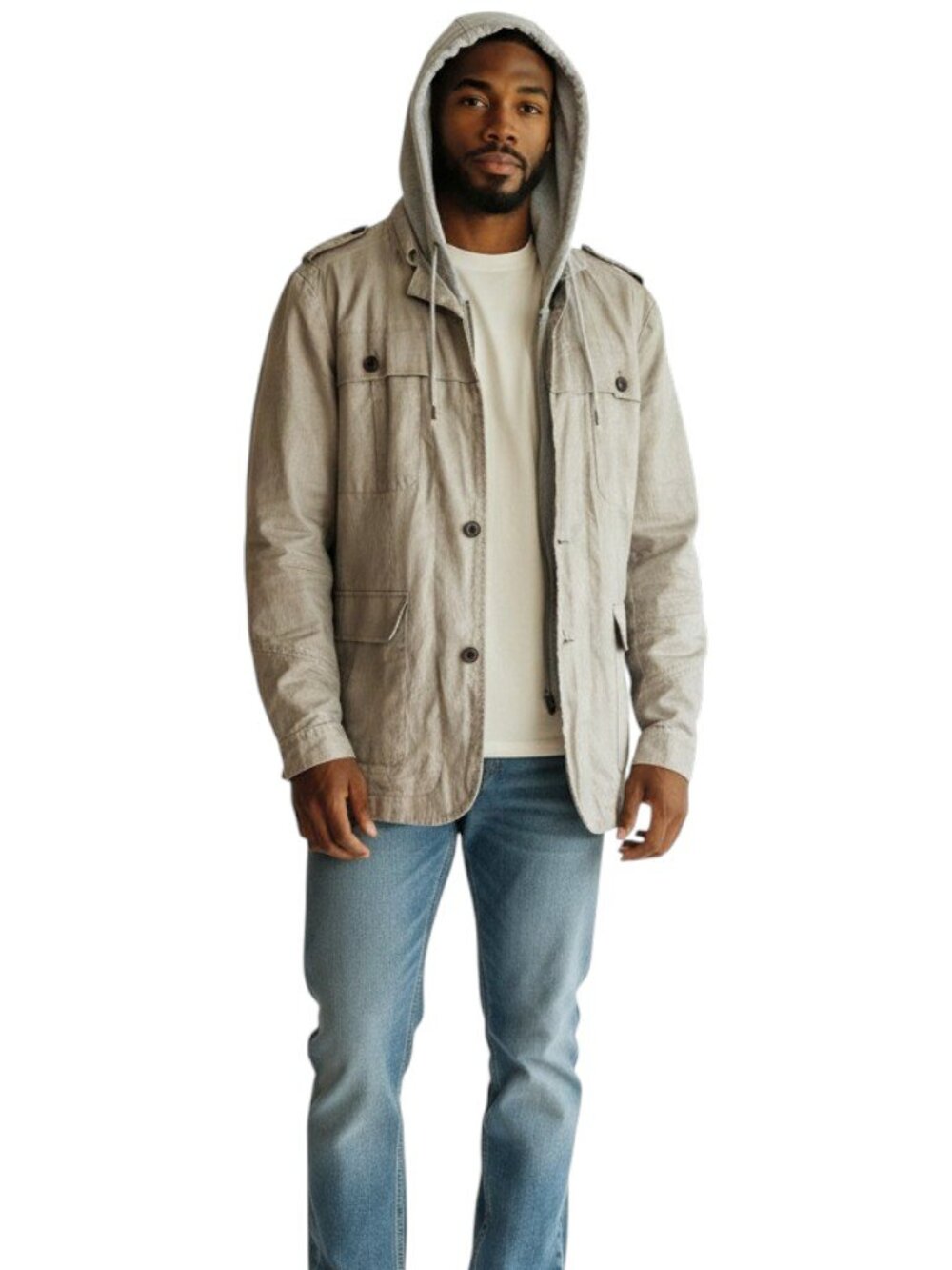 Edge WD NY Gray Linen Field Jacket Size L Attached Hood Utility Safari Coat